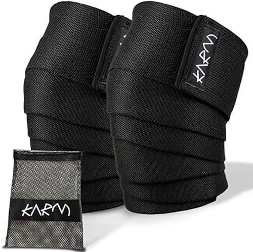 KARM Kniebandage Kraftsport – Paar Kniebandagen Krafttraining Bodybuilding, Gym, Männer Herren, Damen - Powerlifting Kniebandage Knee Wraps mit Tragetasche (198 cm, Schwarz)