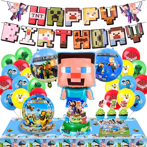 WuGU 73Pcs Videospiel Geburtstags Dekoration,Videospiele Kinder Geburtstag Dekoration Partyzubehör,Pappteller Serviette Tischdecke Ballon Banner für Kindergeburtstag Jungen Tischdeko Party Supplies