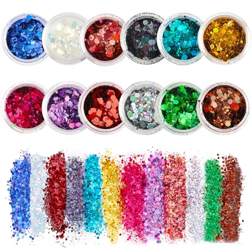 Deepton Glitzer Basteln, 12 Farben Glitzerpulver zum Basteln, Festival Glitzer Gesicht für Festliche Verkleidungen, Glitter für Körper Nägel Augen Lippen Haare Make Up Pailletten und Zubehör