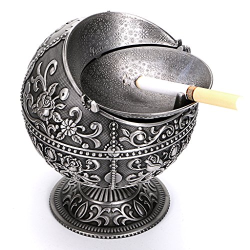 BSTKY Windfester Vintage-Aschenbecher mit Deckel – Klassisches Burgenmuster, Tisch-Aschenbecher, für drinnen und draußen, Retro, für zu Hause, Büro, als Dekoration silber
