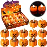 MAISITOO 12er Set LED Kerzen Halloween Deko,LED Teelichter Kürbis,LED-Teelichter,Flammenlose Flackern Kerze Pumpkin Licht Elektrische Batteriebetriebene Teelicht Deko für Halloween Dekorationen