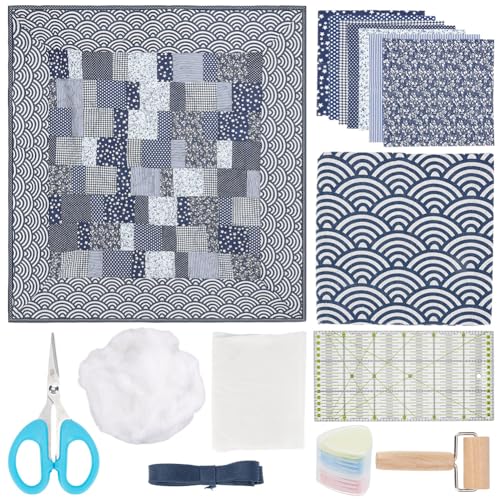 PLIGREAT DIY Quilt Kit für Anfänger Blauer Stoff Vorgeschnittenes Patchwork-Set Komplettes Quilting Nähset Handgemachte Quilt Herstellung Zubehör für Quilt-Liebhaber