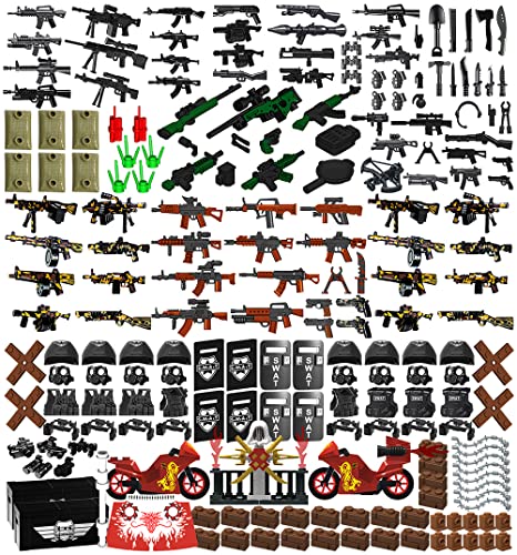 Waffenpaket 225-teiliges Zubehör Militärwaffenset inkl. Helm, Körperschutz, Umhang und Motorrädern, entwickelt für Minifiguren, kompatibel mit Minifiguren Aller großen Marken (SWAT-Waffe)