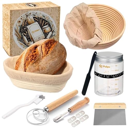 PUKPU Brotbackset 8-Teiliges - Inkl. 2 Gärkörbe für Brot, Fermentationsglas, Teigschaber, Dänischer Teigbesen, Bäckermesser, Bürste und Wachstumsmesser - Sauerteig Starter Set - Brot Backen Zubehör