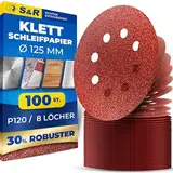 S&R Klett Schleifpapier Set 125 mm, Meister, 8 Löcher, 100 St. in Körnung P120, Schleifblätter, Schleifscheiben für Exzenterschleifer, Klettschleifpapier, zuverlässige Haftung am Schleifteller