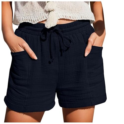 rtdgcv Summer Damen Shorts Sport Frauen Gerade Bein Casual Hosen Hohe Taille Sport Lose Shorts Lässige Mode Hosen Herren Shorts M Shorts Damen Kurz Damen-Shorts Baumwolle Leinen (Navy, XXXL)