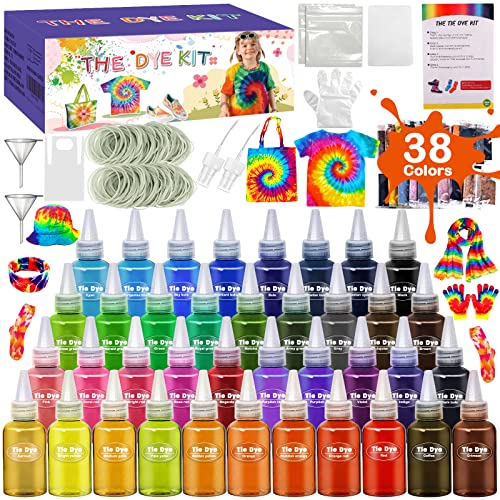 BEYAOBN 38 Farben Batik-Kit zum Färben von Stoff und Kleidung, Tie Dye Kit kreative Bastelspiele,DIY Alles-in-Einem für Kinder und Erwachsene,mit Quetschflaschen,Gummibänder,Handschuhe usw