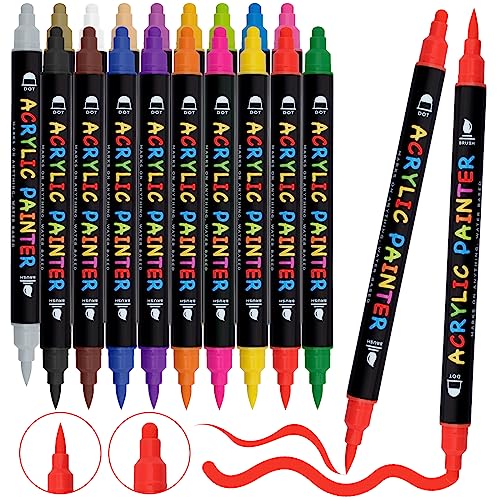 Tesquio Acrylstifte für Steine Wasserfest Dual Tip 18 Farben Stifte Steine Bemalen Wasserfest Multimarker Steine Zum Bemalen Acrylmarker für Holz, Leinwand, Glas, Papier, Keramik