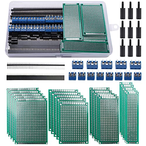 VooGenzek 75 Stück-Leiterplatten-Kits + 20 Stück Doppelseitige Leiterplatten Prototypkarten+ 20 Stück Stecker / Buchse Header Connector + 15 Stück 2/3Pin Schraubklemme + 20 Stück Nylonsäule