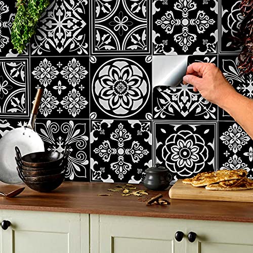 24 stück Fliesenaufkleber für Bad und Küche (T1 - Black) | Mosaik Wandfliese Aufkleber für 15x15cm Fliesen | Deko Fliesenfolie für Bad u. Küche