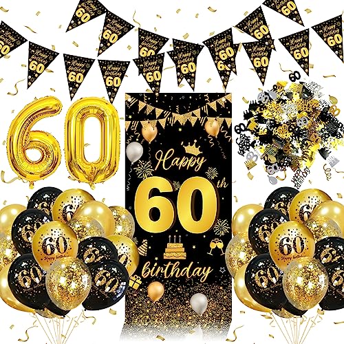 60 Geburtstag Deko,60. Geburtstag Männer Frauen Dekorationen Banner,Konfetti 60. Geburtstag Deko,60. Geburtstag Deko Lange Banner Hintergrund und Schwarz Gold,Geburtstagsdeko 60 Luftballons