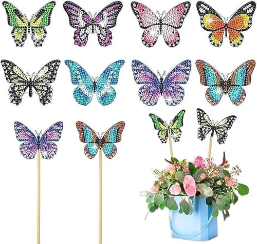 Fouvin 10Stück Schmetterling Diamant Malerei Kits, Diamant Malerei Kunst für Garten Dekor, Schmetterling Stakes Diamond Art Kits, Schmetterling Diamant Malerei Ornamente Zubehör