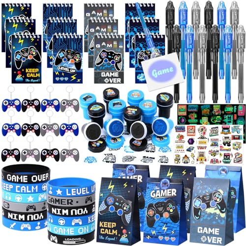 vamei 84Pcs Videospiel Party Mitgebsel Kindergeburtstag Gastgeschenke mit Geheimstift Notizbuch Schlüsselanhänger Silikon Armband Stempel Aufkleber Partytüten Videospiel Give Aways Pinata Füllung
