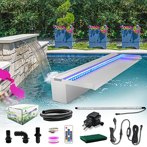 LONGRUN Wasserfall Edelstahl Pool Brunnen, Springbrunnen Garten Wasserfall mit Mehrfarbig LED, Teich Brunnen Kaskaden Wasserfall für Außengarten Deko Teich Mauer Wand Gabione -60x20x10cm
