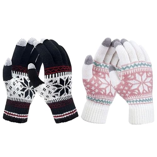 XNIVUIS 2 Paare Winter Touchscreen Handschuhe, Damen Handschuhe Touchscreen, Schnee Blume Druck halten Warm mit Kaschmir für Frauen, für Skifahren Radfahren, Einheitsgröße (Schwarz, Weiß)