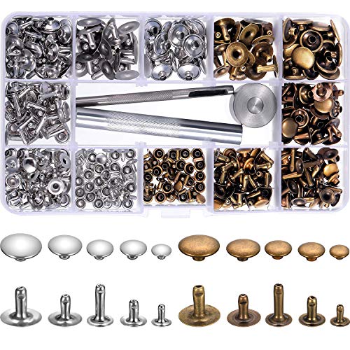 200 Set 5 Größen Nieten Leder Rivet Einzelne Cap Metallnieten Rohr mit 3 Stück Fixierung Werkzeug für DIY Handwerk Leder, Ersatz Nieten, 2 Farben (Silber und Bronze)