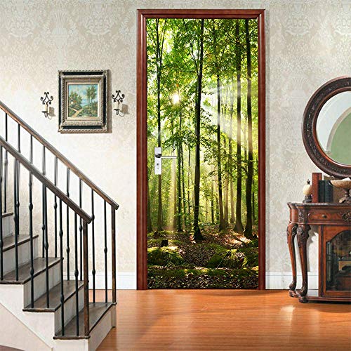 HAIZHA Türtapete selbstklebend Grün Wald Sonnenschein 90x200cm Türtapete Selbstklebend Türfolie Türposter 3D Vinyl Folie Türdeko Tapete Wandbild Türtattoo