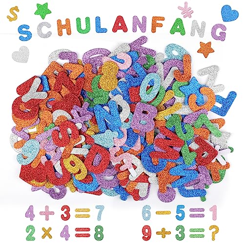 230 Stück Moosgummi Buchstaben Selbstklebend, Glitzer Buchstaben für Schultüte, Schaumstoff Buchstaben Aufkleber, Zahlen Aufkleber Alphabet Stern Herz Deko für Schulkind Schulanfang Einschulung