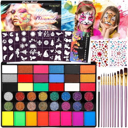 Vautvis Kinderschminke Set, Gesichtsfarben Kinderschminken Set 42 Farben Schminkpalette, 11 Berufs Pinsel, 4 Vorlagen Und 2 Aufkleber, Halloween Schminke Theaterschminke Bodypainting Farben Mädchen