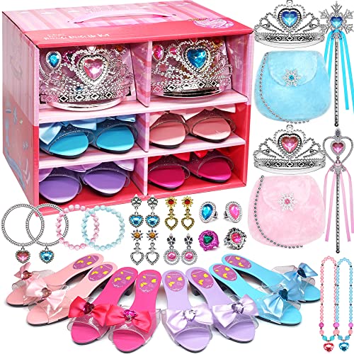 Prinzessin Schuhe Spielzeug für Mädchen - 4 Paar Prinzessin Schuhe Mädchen und 2 Sätze von Spiel-Schmuck-Boutique für Mädchen, Geburtstag Weihnachten Geschenke Mädchen 3-6 Jahre, Prinzessin Spielzeug