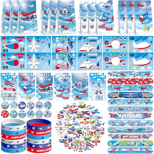 Flugzeug-Partygeschenke, 12 Geschenktüten, 12 Mini-Notizblöcke, 12 Gummi-Armbänder, 50 Aufkleber, 12 zusammenbaubare Aufkleber, 12 Knopf-Abzeichen, 12 Slap-Armbänder für Flugzeug-Party, Babyparty, 122