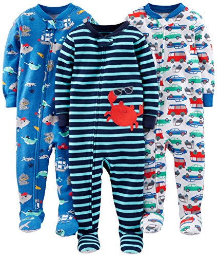 Simple Joys by Carter's Baby Jungen 3-Pack Snug Fit Footed Cotton Pajamas Pyjamaset, Blau Meereswelt/Marineblau Streifen/Weiß Autos, 3 Jahre (3er Pack)