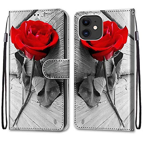 Nadoli Handyhülle Leder für iPhone 11 6.1",Bunt Bemalt Schön Rot Rose Trageschlaufe Kartenfach Magnet Ständer Schutzhülle Brieftasche Ledertasche Tasche Etui