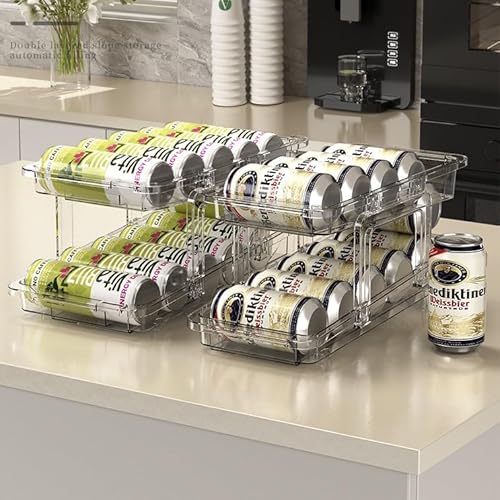 ZLLkeji Dosen Organizer Kühlschrank Dosenhalter Transparent Breitenverstellbarer 2 Tier Rollende Kitchen Dosen-Organizer für Speisekammer für 250ml/330ml/500ml Getränke Bier Soda Dosen