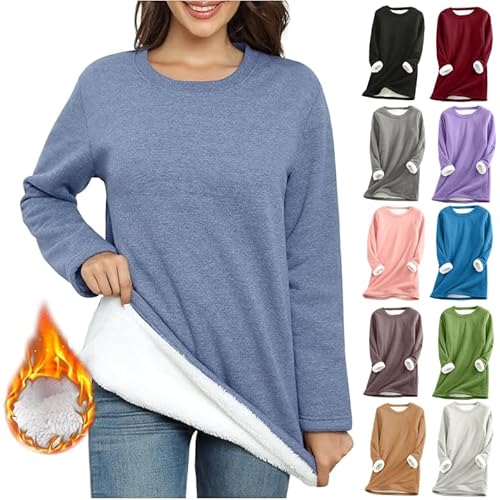 Teddy Fleece Pullover Damen Grosse Grössen Fleecepullover Einfarbig Sweatshirt Ohne Kapuze Langarm Warm Gefütterte Pulli Freizeit Winter Fleecepulli Basic Plüsch Langarmshirt Thermounterwäsche