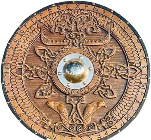 Mittelalterliches Wikingerschild Wolf geschnitztes Design brauner nordischer Ritter Kampfgeschirre Holz & Eisen 61 cm Schild für Rollenspiele & Cosplay