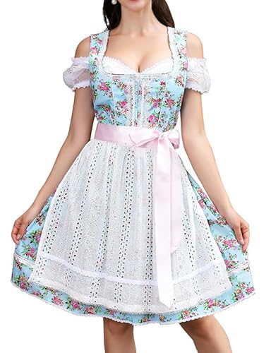Clearlove Dirndl Damen Midi Trachtenkleid 3tlg mit Schürze und Bluse für Oktoberfest Vintage, Besondere Anlässe Gr. 40 Blau