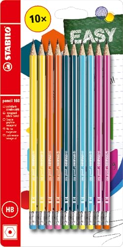 STABILO - Bleistift mit Radiergummi - pencil 160 - 10er Pack - je 2x gelb, orange, blau, petrol, pink - Härtegrad HB