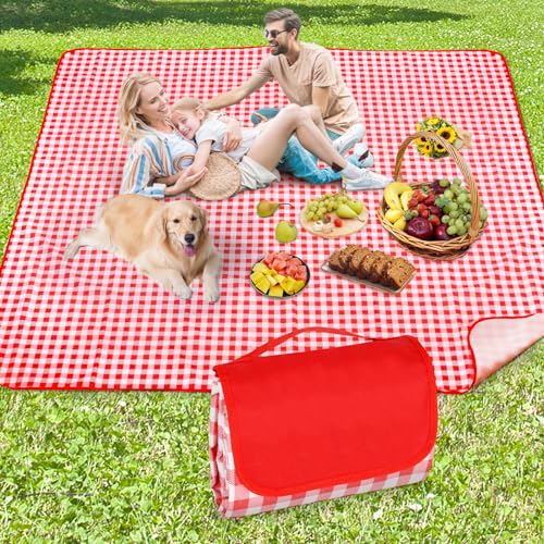 Anyiner Picknickdecke 200x200 cm, Sandfest Stranddecke Wasserdicht Campingdecke, Maschinenwaschbar mit Tragegriff, Ideal für Outdoor, Camping, Strand & Familienpicknick (Rot Kariert)