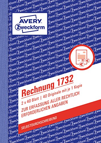 AVERY Zweckform 1732 Rechnung (A6, 2x40 Blatt, selbstdurchschreibend mit farbigem Durchschlag, mit Netto- und Bruttobetrag, MwSt. uvm., zur Erfassung aller rechtlich erforderlichen Angaben) weiß/gelb