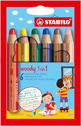 Buntstift, Wasserfarbe & Wachsmalkreide - STABILO woody 3 in 1 - 6er Pack - mit 6 verschiedenen Farben