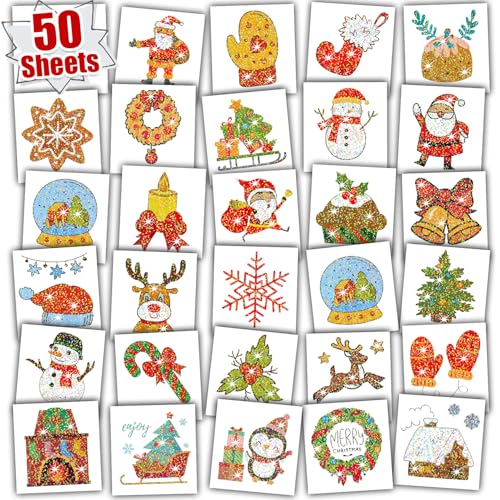 Leesgel Weihnachten Tattoo Kinder, 50 Stück Glitzer Tattoo Weihnachten mit Santa/Schneeflocken/Schneemann/Weihnachtstattoos, Kinder Tattoos für Weihnachtsdeko Nikolaus Geschenke Kinder