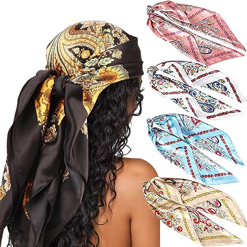 DRESHOW 90x90cm Große Quadratische Schals für Damen 4 Stück Seide Kopftuch Bandanas Haartuch Halstuch Haarschmuck