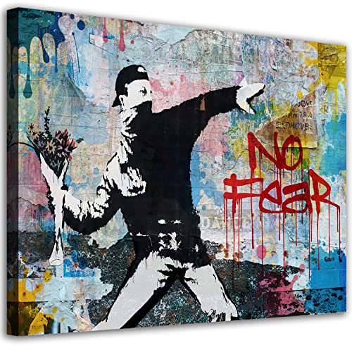 Banksy Leinwand Wandkunst Rage Flower Thrower Bilder Graffiti Street Art Print Mann Werfen Blume Bouquet Keine Angst Inspirierende Bunte Pop Kultur Leinwand Kunstwerk Home Wanddekoration 30cm x 40cm