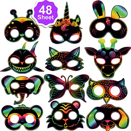 Qpout 48Stk. Scratch Art Masken für Kinder, Tiere Kratzbilder Masken Set mit Elastischen Kordeln und Holz Stylus für Kinder Geburtstag Ostern Halloween Weihnachten Spiel Geschenk Party Zubehör