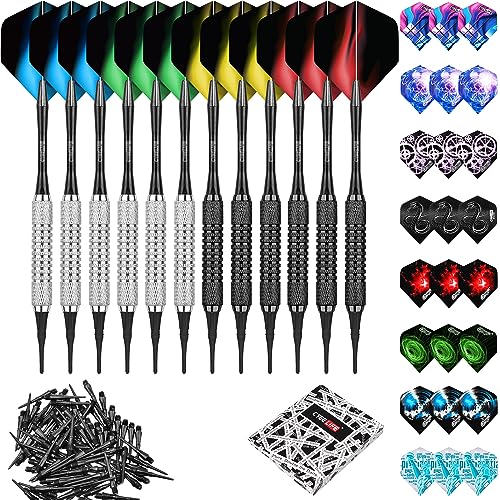 CyeeLife 12 Stück Soft Dartpfeile 16 Gr. mit PVC Schäften+Extra Dart Spitzen+36 Flights,Professionelle Softdart Set