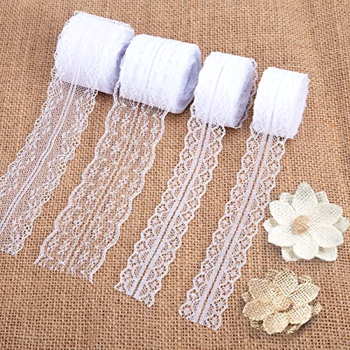 VGOODALL 40M Spitzenbordüre Spitzenband, 4 Rolls Weiß Vintage Band 2 Spitzen-Blumen für Hochzeit Tischdeko Basteln Geschenkband DIY Handwerk