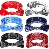 6 Stück Paisley Stirnbänder Boho Bogen Bandana Knoten Kopfbedeckung Retro Blume Gedruckt Elastische Kaninchen Ohr Haarband für Mädchen und Damen (Paisley Stil 1)