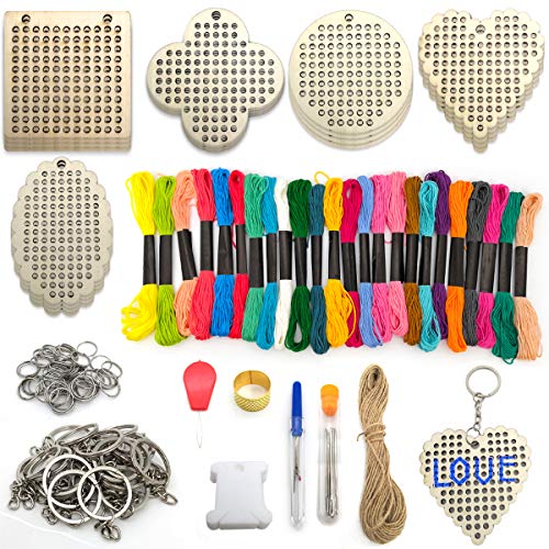 20 Stücke Kreuzstich Kits, Hölzerne Kreuzstich-Schlüsselring-Kits, Multi-Loch Holz Charm Anhänger, Holzlesezeichen-Bastelsets, für Anfänger Kinder Stickerei Nähen Kunst Hause Weihnachten Dekorationen