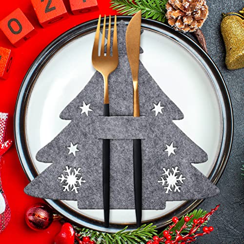 Besteckhalter Weihnachten Filz, 12 Stück Bestecktasche Tannenbaum Besteckbeutel Weihnachtsbaum Tischdeko, Grau Weihnachts Messer Gabeln Löffel Geschirr Besteck Taschen für Party Tisch Weihnachtsdeko