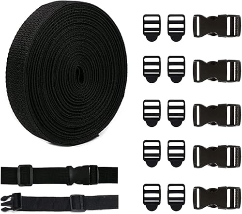 Luabue 15 Stück Schwarz Nylon Gurtband mit Schnallen 5M Gurtband 20mm Steckschnalle Rucksack Schnalle Klippverschluss für Rucksack Gepäckgurten Tasche Hundehalsband