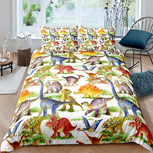 Loussiesd Kinder Bettwäsche Set Cartoon Dino 135x200 cm Dinosaurier Jungen Bettbezug für Mädchen Kids Microfaser Himmlische Qualität Betten mit 1 Kissenbezug 80x80cm Einzelbett 2 teilig