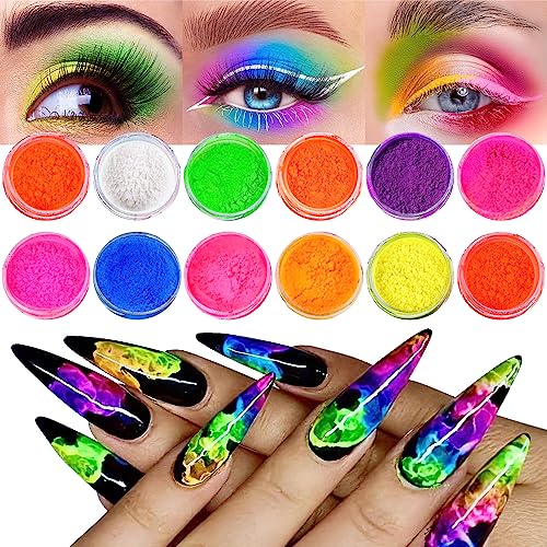 Neon Phosphor Pigment Pulver für Nägel Lidschatten - 12 Colors Neon Nagel Glitzer Augenpulver Maniküre Halloween Neon Make-up Dekoration Nail Art Staub Pigment