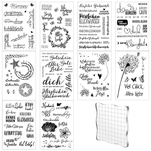 Silikonstempel Set, 10 Bögen Stempel Sprüche Deutsch Stempel Glückwunsch Clear Stamps mit Stempelblock 10x10 cm für Hochzeit Geburtstag Taufe Scrapbooking Journal Einladung Karten(10 Stile)