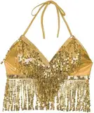 MUNAFIE Glitzer Pailletten Oberteil Damen Fransen Rückenfrei BH Festival Top Outfit Bauchtanz Oberteil Kostüm Gold