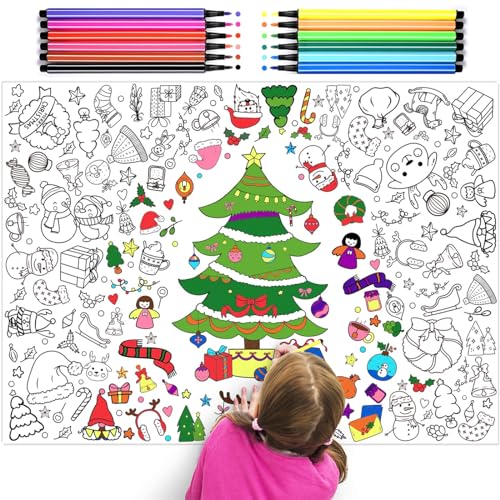 iZoeL Ausmaltischdecke Papier +12 Farbstifte, Papier Tischdecke Ausmalen Weihnachtsbaum, Weihnachtsmütze Motiven, Weihnachten Geschenk für Kinder Jungen Mädchen